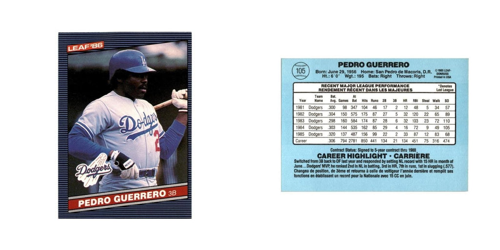 Pedro Guerrero 1986 Leaf #105 Los Angeles Dodgers Baseball Card NM