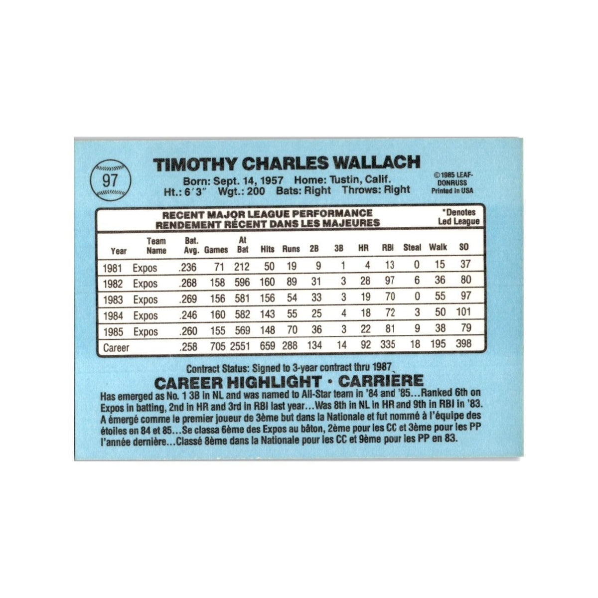 Tim Wallach 1986 Leaf #97 Montreal Expos Baseball Card NM