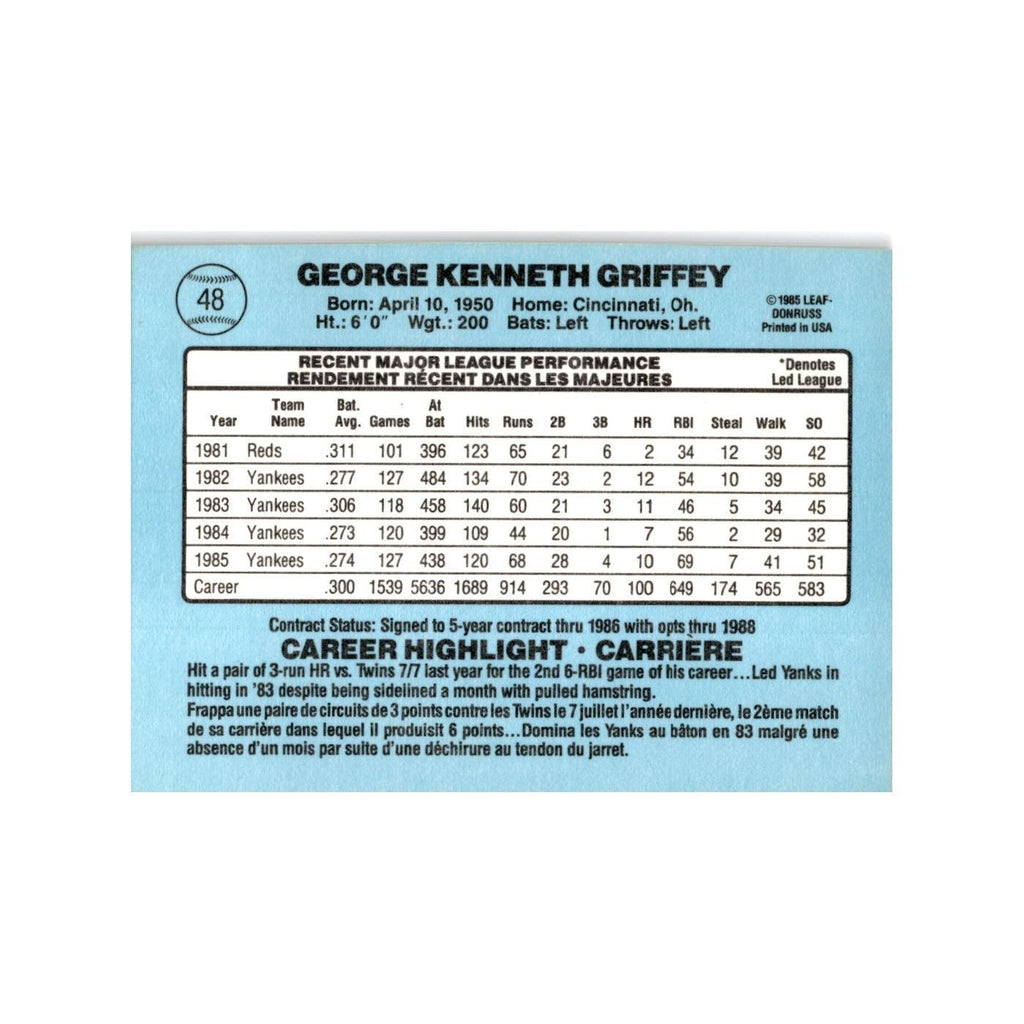 Ken Griffey 1986 Leaf #48 New York Yankees Baseball Card NM