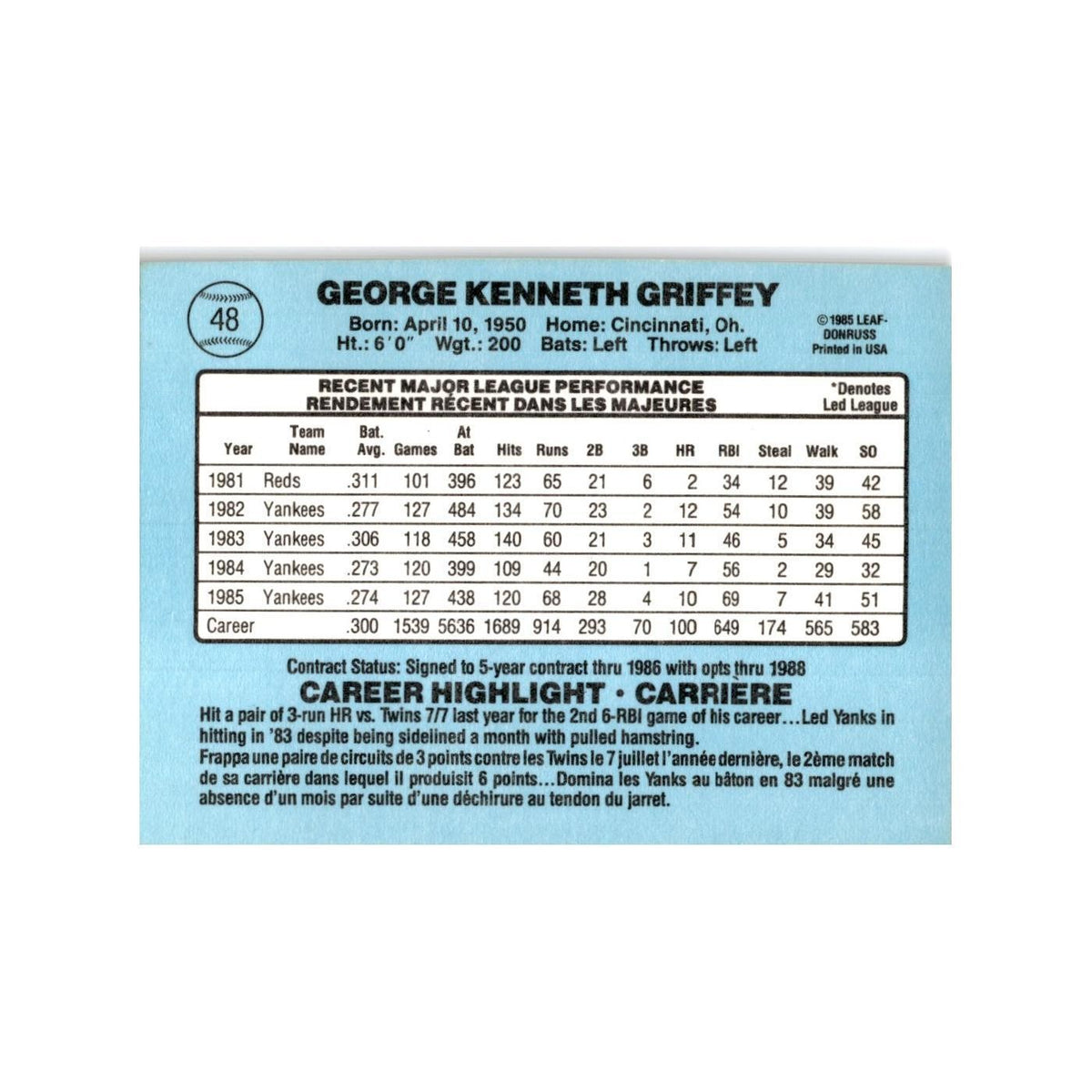 Ken Griffey 1986 Leaf #48 New York Yankees Baseball Card NM