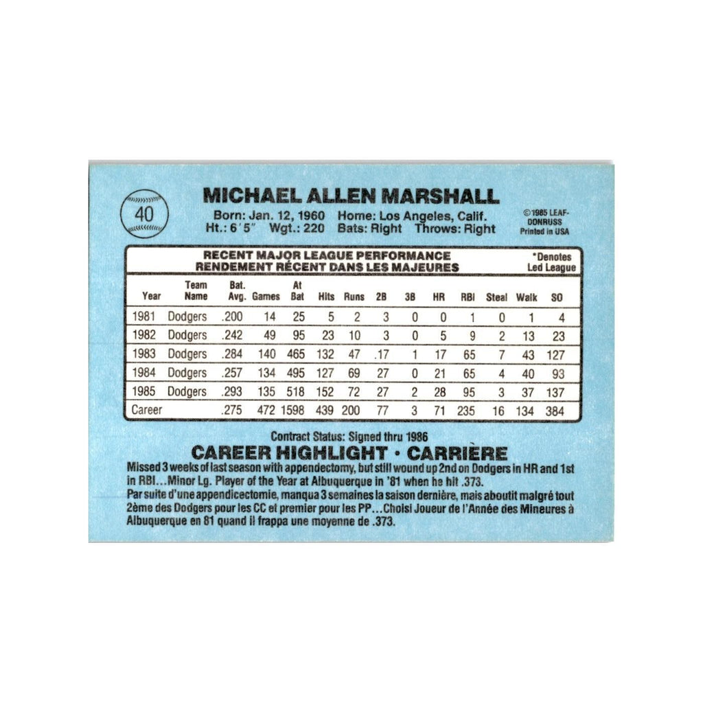 Mike Marshall 1986 Leaf #40 Los Angeles Dodgers Baseball Card NM