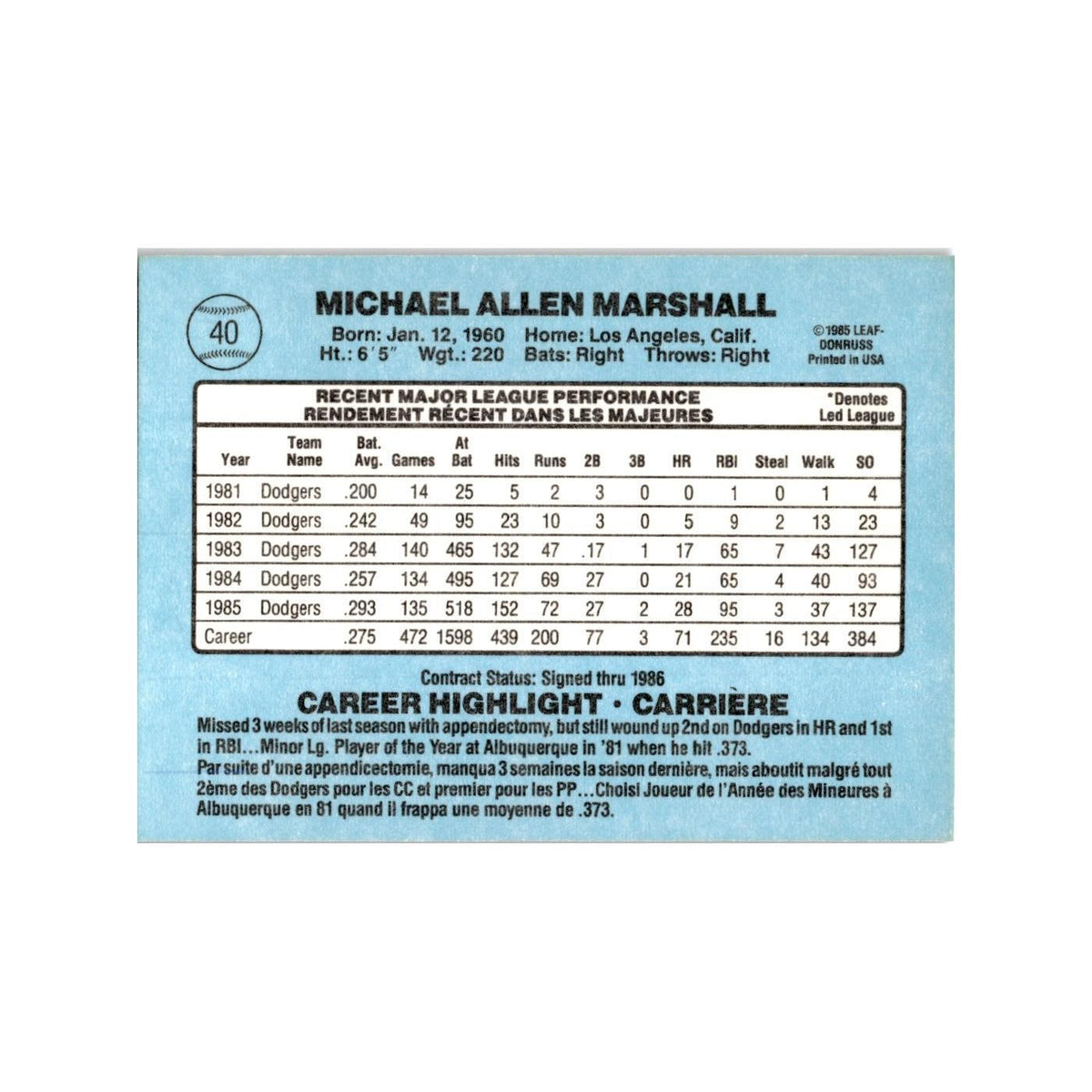 Mike Marshall 1986 Leaf #40 Los Angeles Dodgers Baseball Card NM
