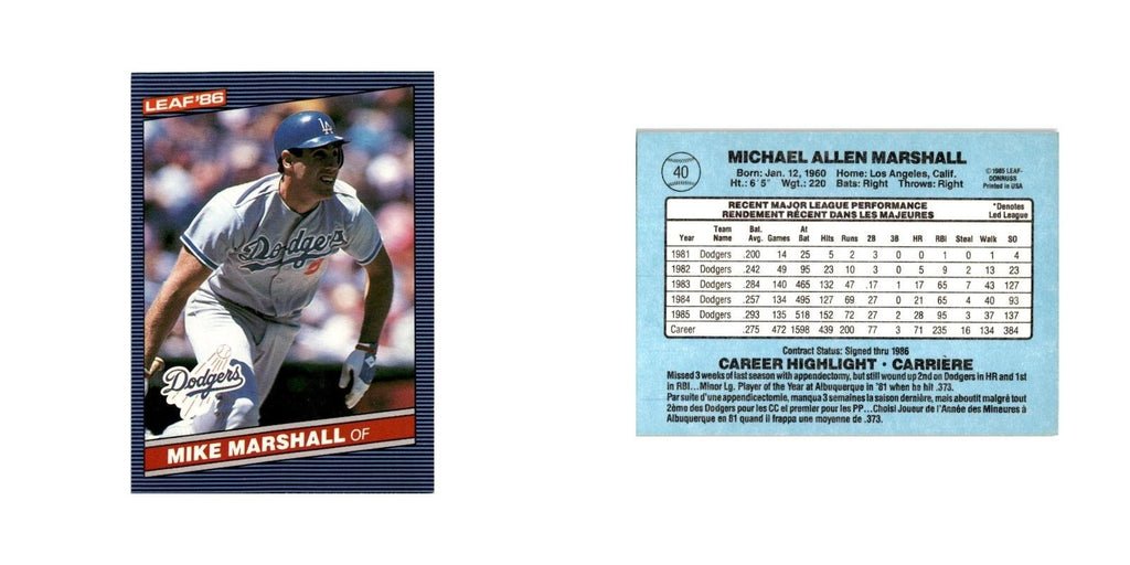 Mike Marshall 1986 Leaf #40 Los Angeles Dodgers Baseball Card NM
