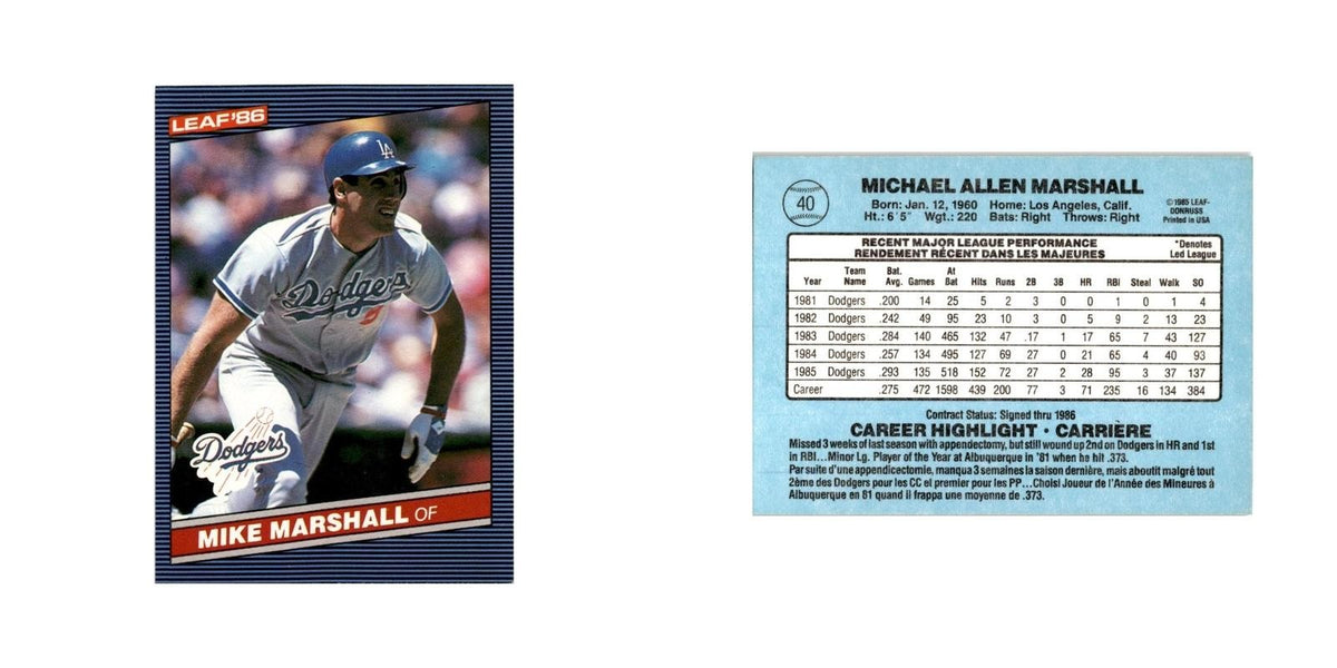 Mike Marshall 1986 Leaf #40 Los Angeles Dodgers Baseball Card NM
