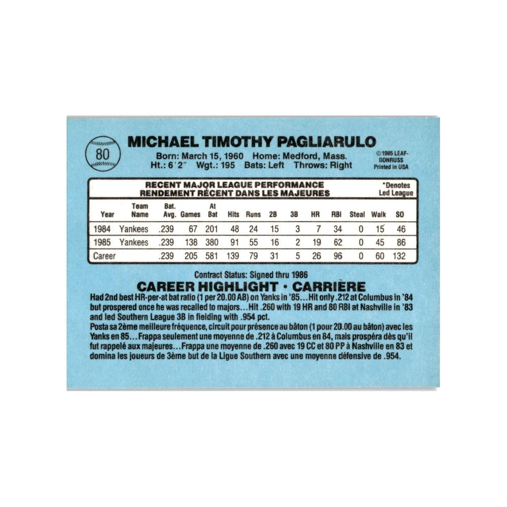 Mike Pagliarulo 1986 Leaf #80 New York Yankees Baseball Card NM