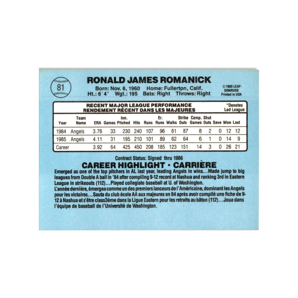 Ron Romanick 1986 Leaf #81 California Angels Baseball Card NM