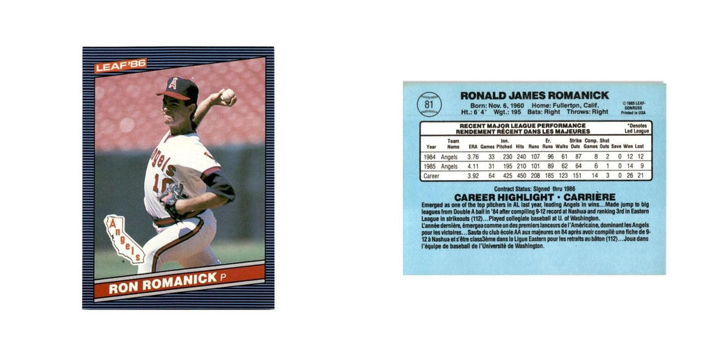 Ron Romanick 1986 Leaf #81 California Angels Baseball Card NM
