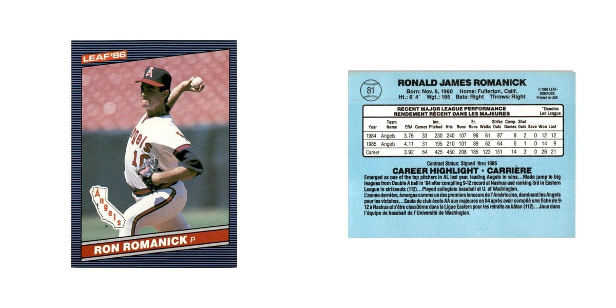 Ron Romanick 1986 Leaf #81 California Angels Baseball Card NM
