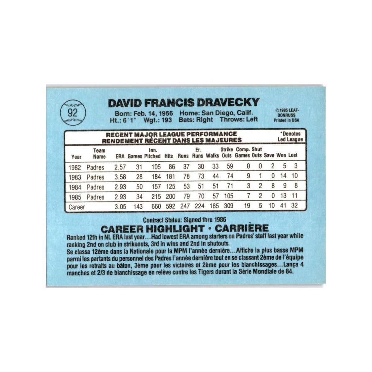 Dave Dravecky 1986 Leaf #92 San Diego Padres Baseball Card NM