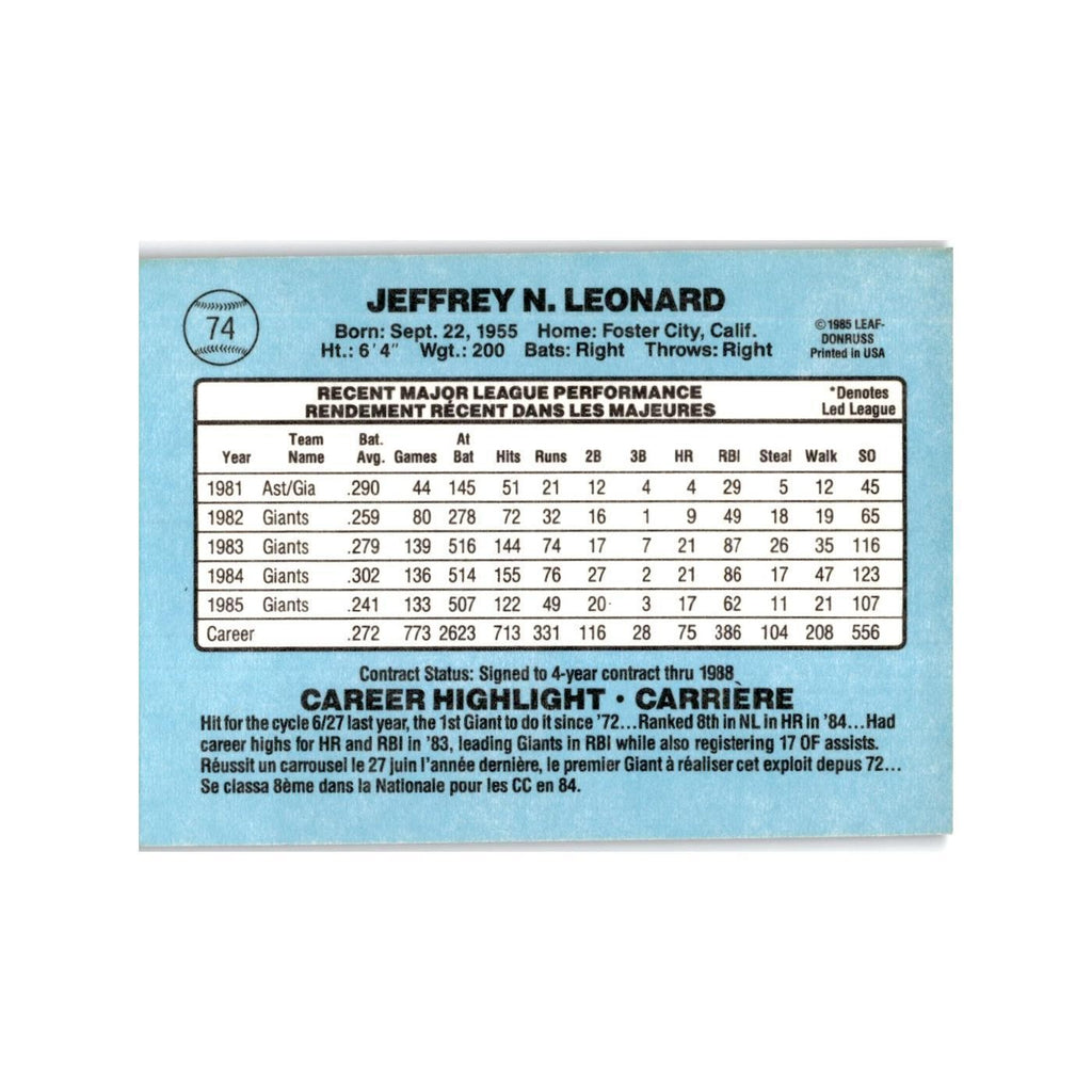 Jeff Leonard 1986 Leaf #74 San Francisco Giants Baseball Card NM