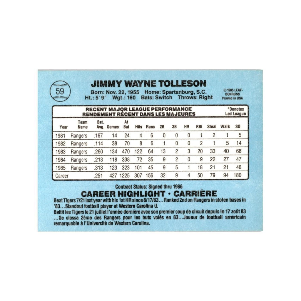 Wayne Tolleson 1986 Leaf #59 Texas Rangers Baseball Card NM