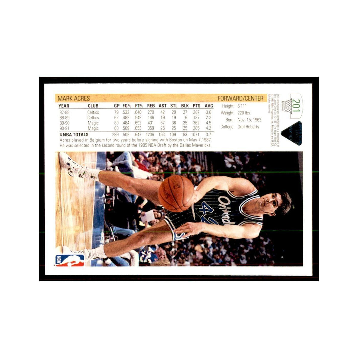 1991 Upper Deck Mark Acres Basketball Cards #201