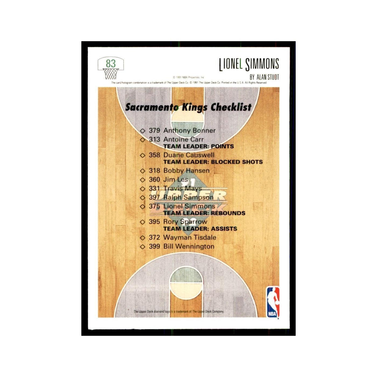 1991 Upper Deck Lionel Simmons Basketball Cards #83