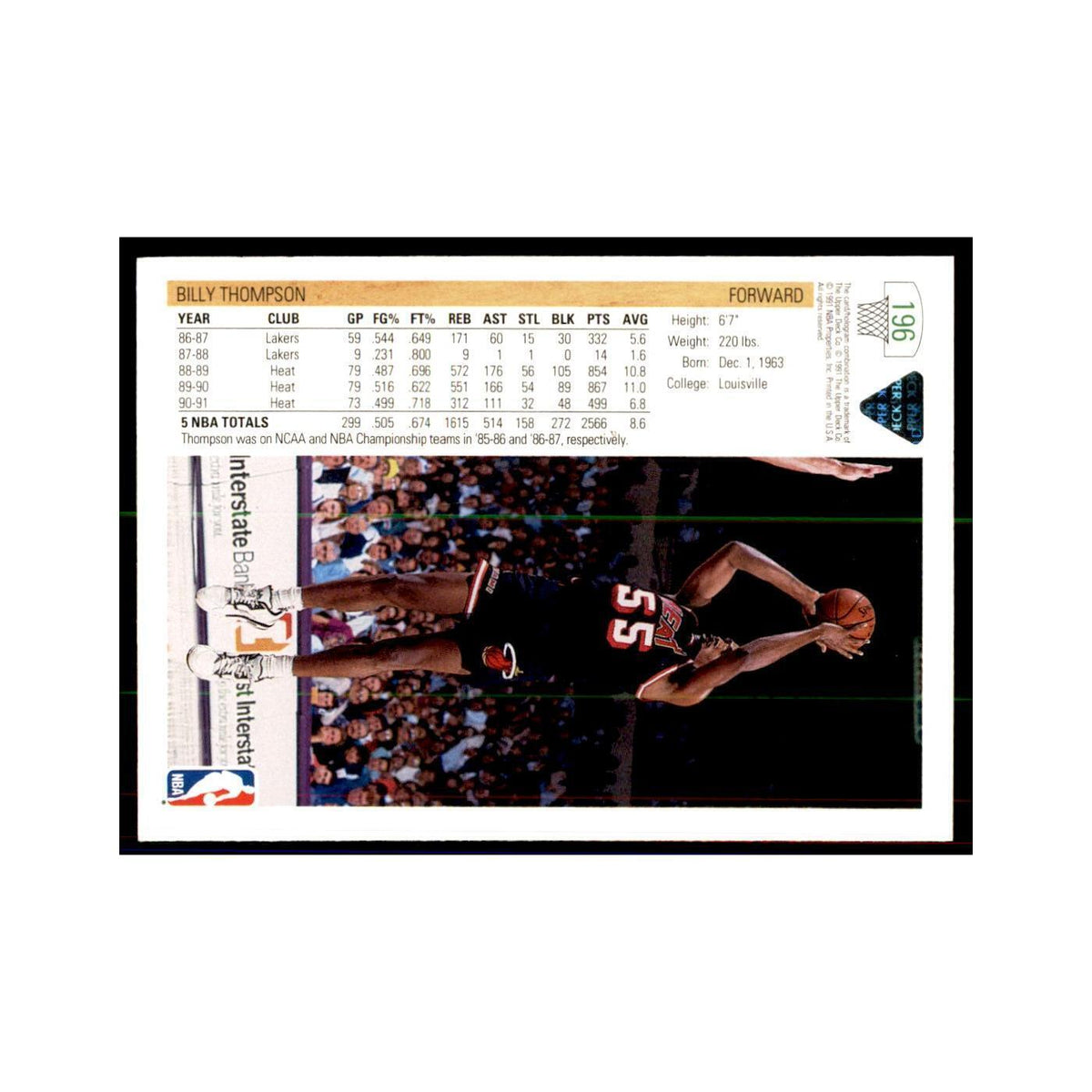 1991 Upper Deck Billy Thompson Basketball Cards #196