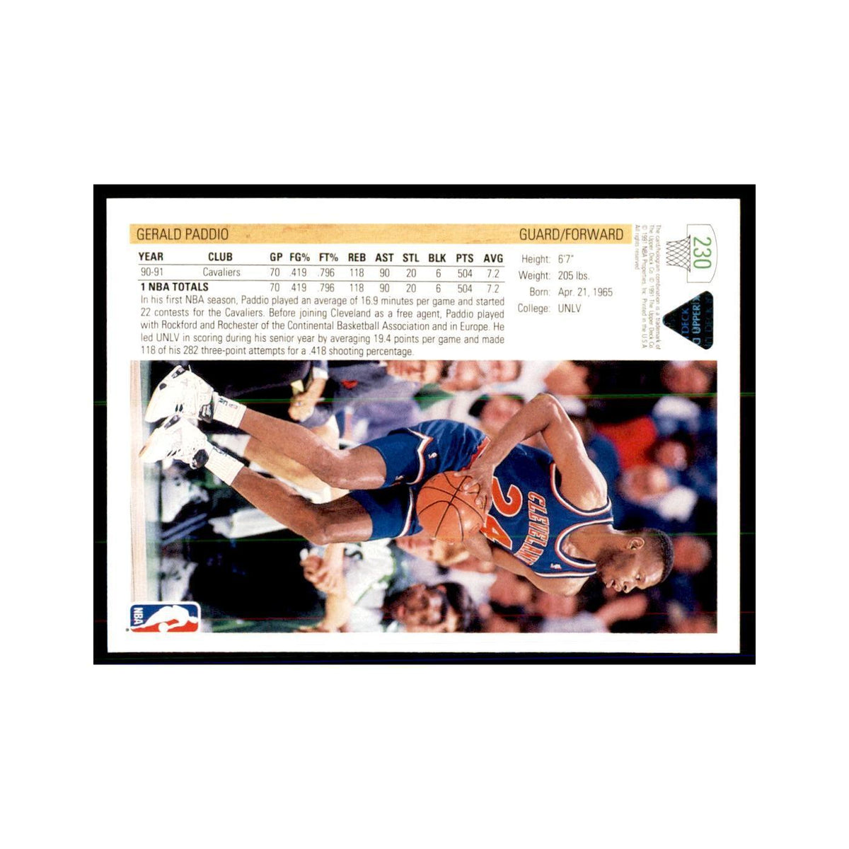 1991 Upper Deck Gerald Paddio Basketball Cards #230
