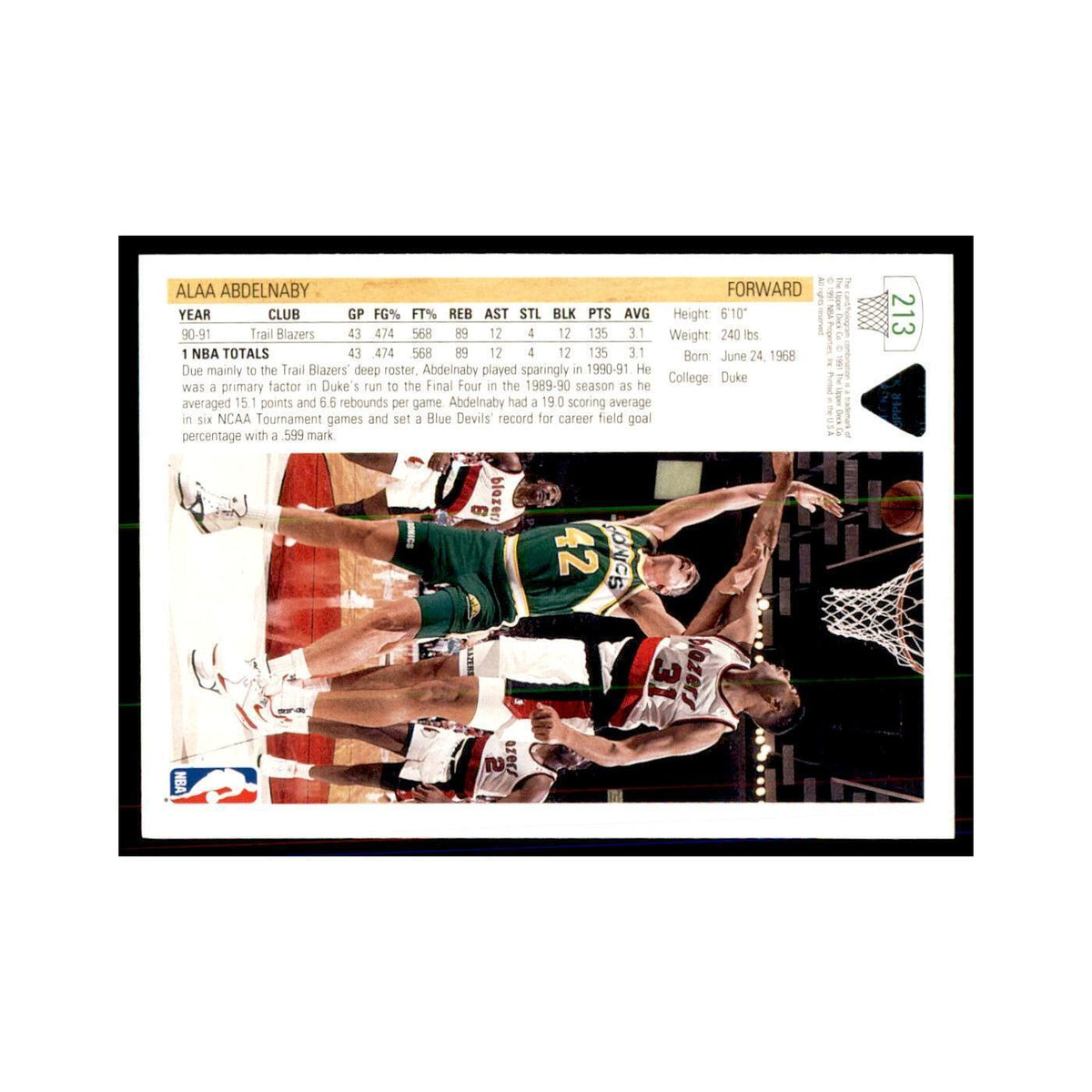 1991 Upper Deck Alaa Abdelnaby Basketball Cards #213