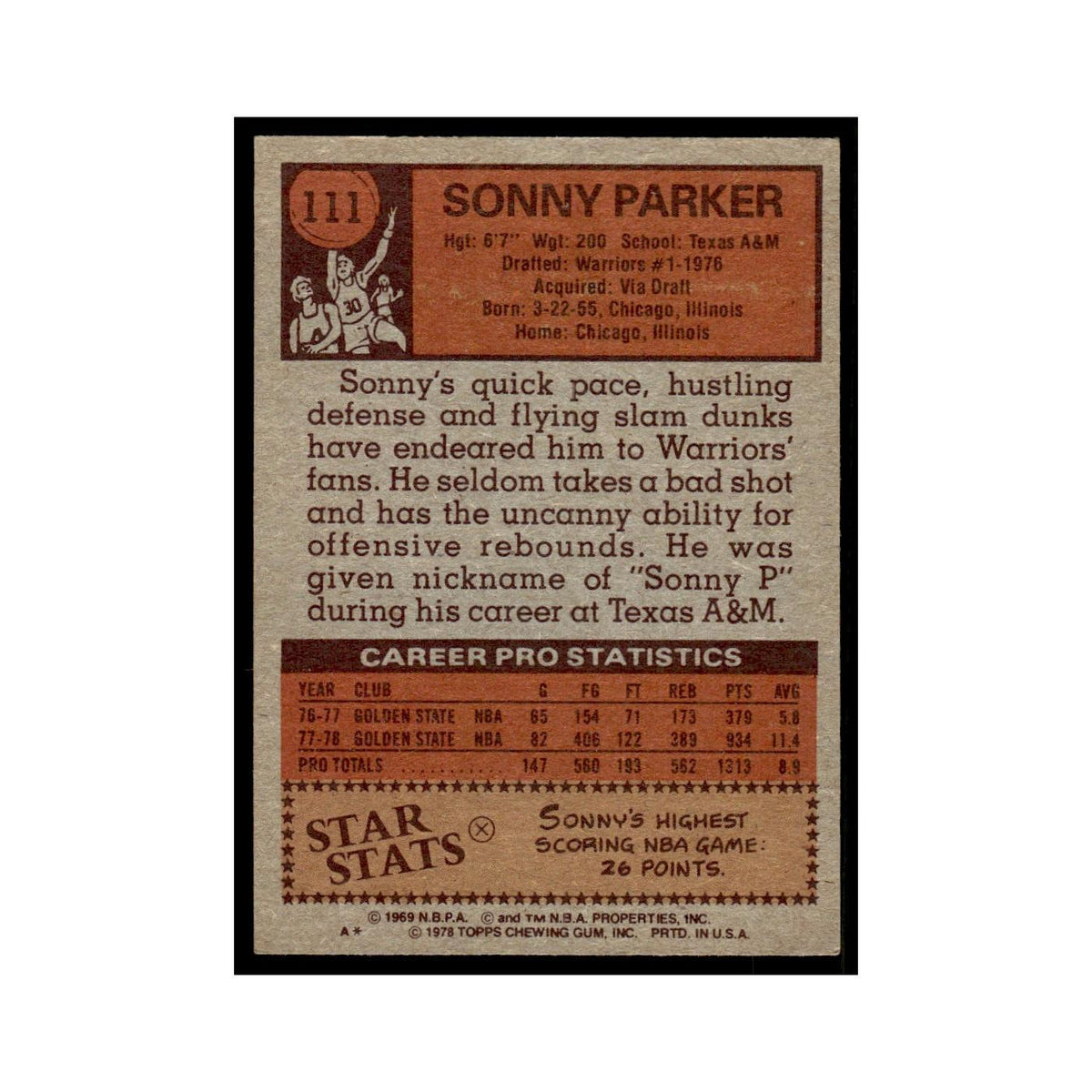 1978 Topps Sonny Parker Golden State Warriors #111