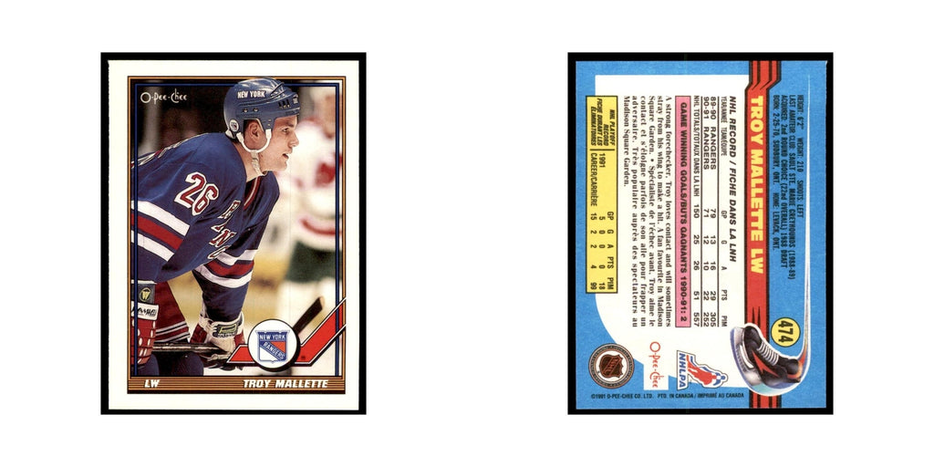 Troy Mallette 1991 O-Pee-Chee #474 New York Rangers Hockey Card NM