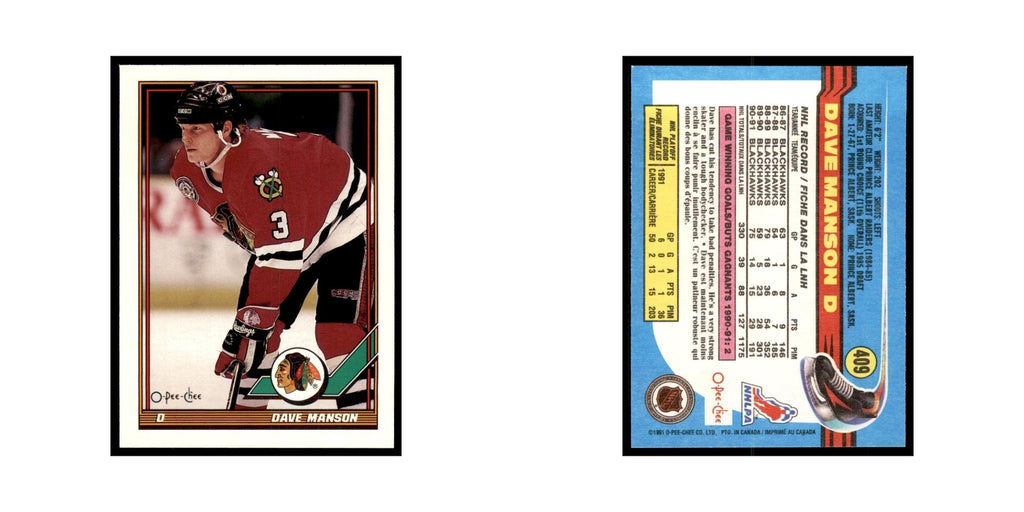 Dave Manson 1991 O-Pee-Chee #409 Chicago Blackhawks Hockey Card NM