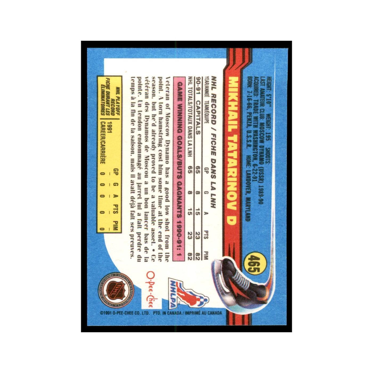 Mikhail Tatarinov 1991 O-Pee-Chee #465 Quebec Nordiques Hockey Card NM