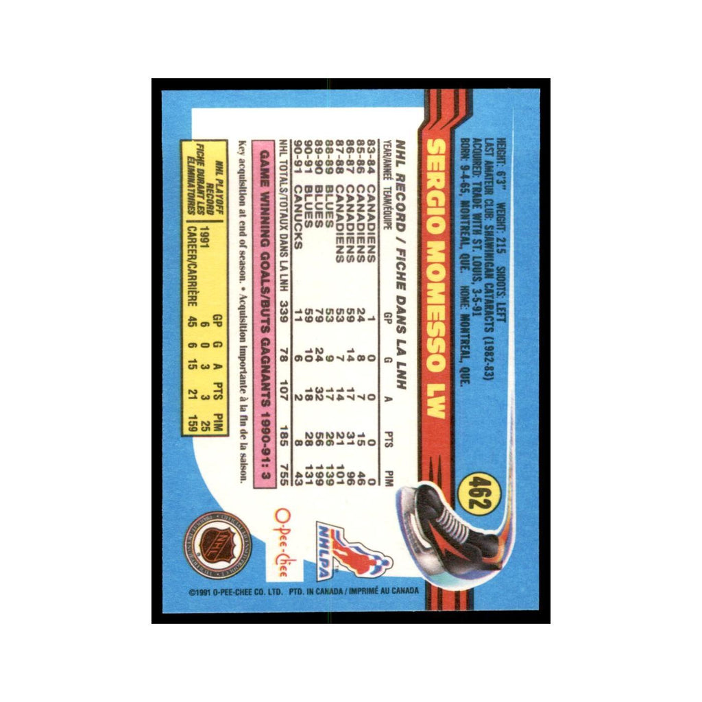 Sergio Momesso 1991 O-Pee-Chee #462 Vancouver Canucks Hockey Card NM