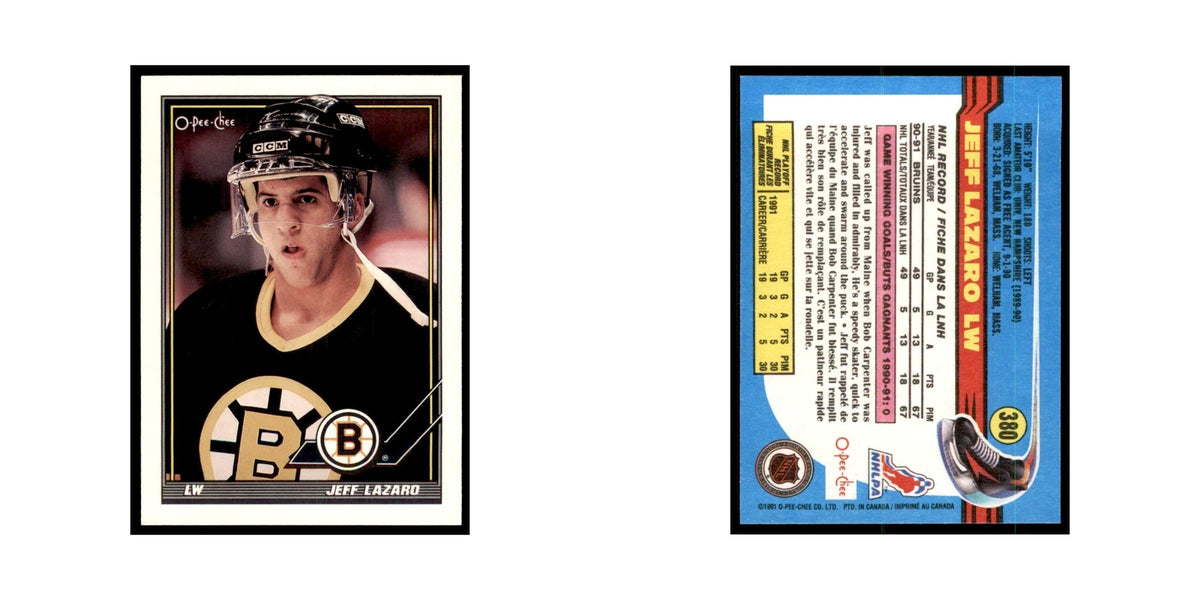 Jeff Lazaro Rookie 1991 O-Pee-Chee #380 Boston Bruins Hockey Card NM