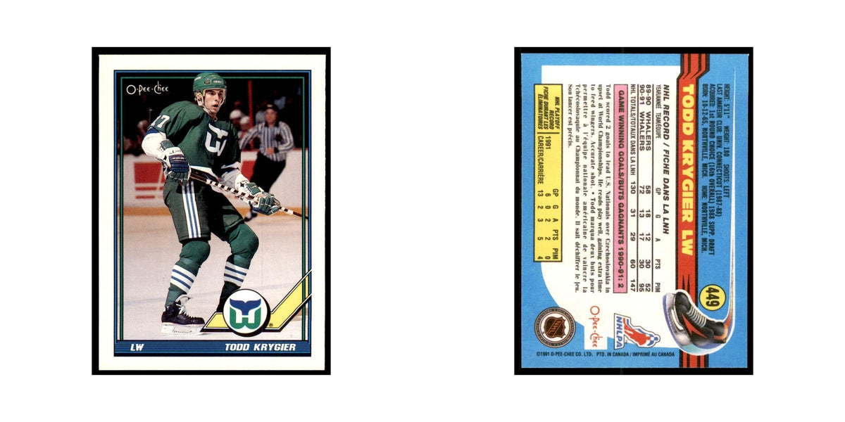 Todd Krygier 1991 O-Pee-Chee #449 Hartford Whalers Hockey Card NM