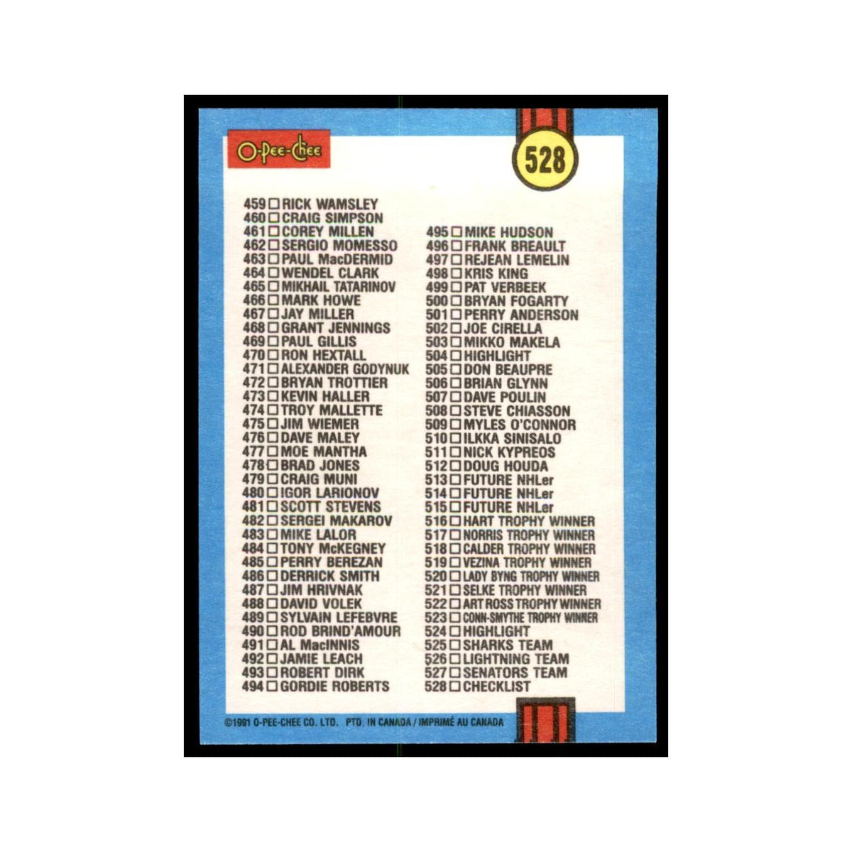 Checklist 4 1991 O-Pee-Chee #528 Hockey Card NM
