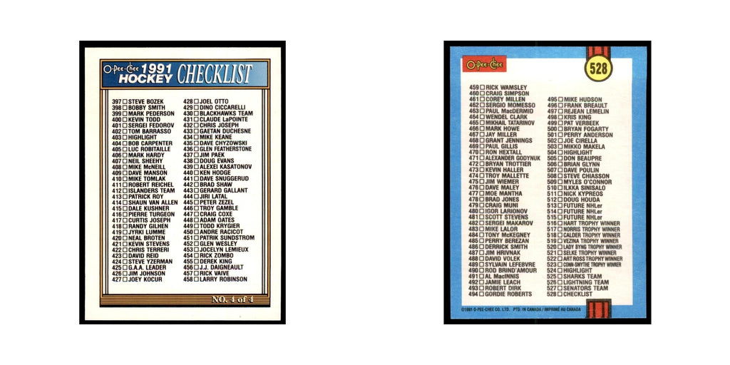 Checklist 4 1991 O-Pee-Chee #528 Hockey Card NM