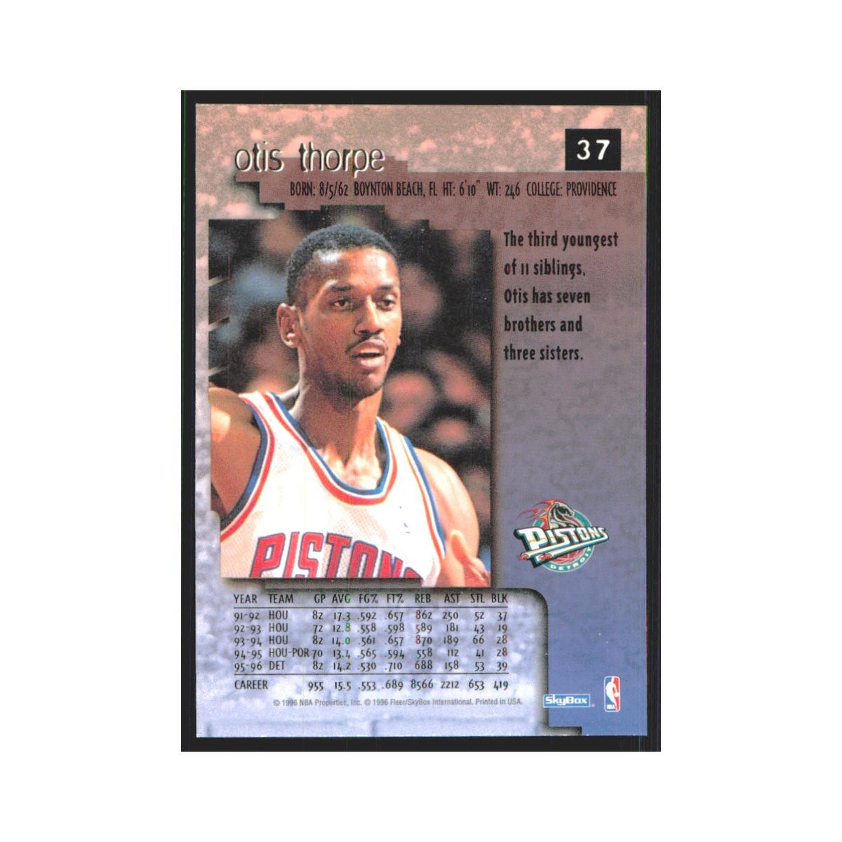 Otis Thorpe 1996 SkyBox Premium #37 Detroit Pistons Basketball Card NM