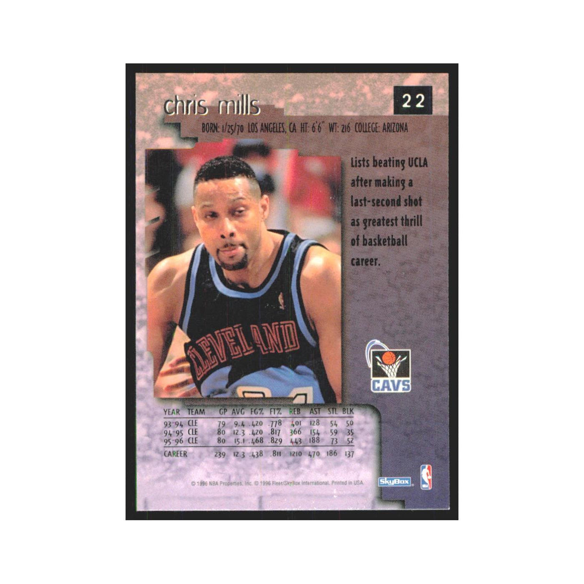 Chris Mills 1996 SkyBox Premium #22 Cleveland Cavaliers Basketball Card NM