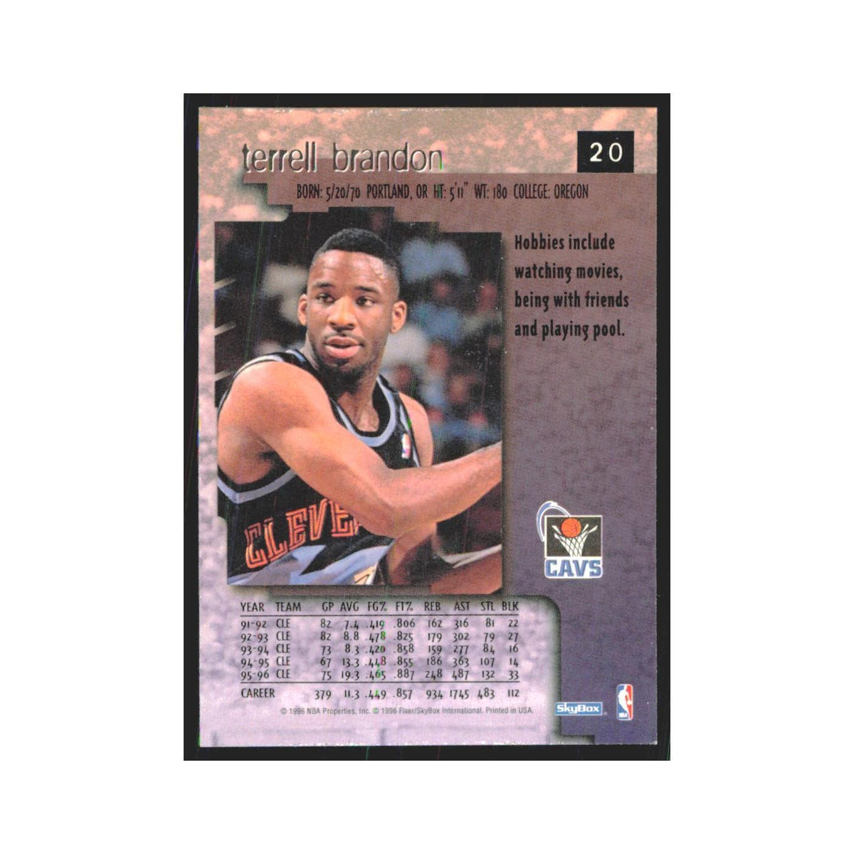 Terrell Brandon 1996 SkyBox Premium #20 Cleveland Cavaliers Basketball Card NM
