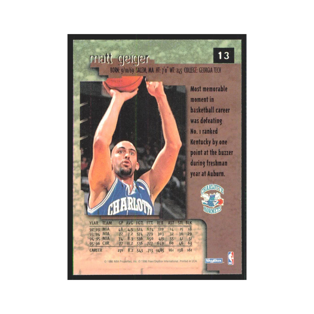 Matt Geiger 1996 SkyBox Premium #13 Charlotte Hornets Basketball Card NM