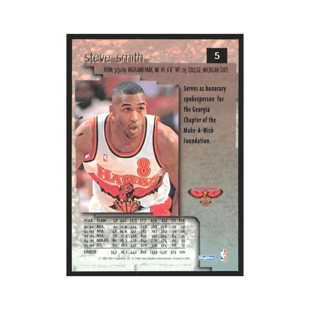 Steve Smith 1996 SkyBox Premium #5 Atlanta Hawks Basketball Card NM