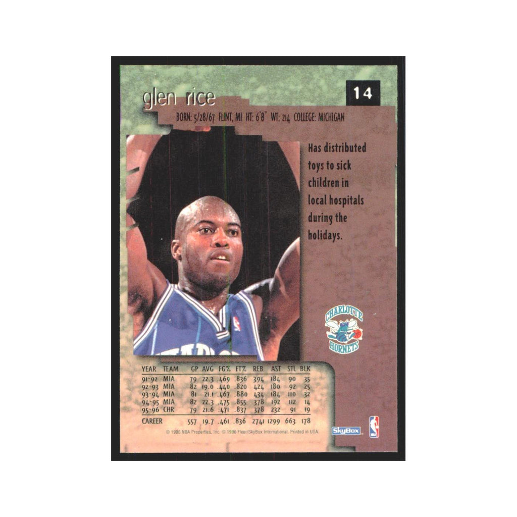 Glen Rice 1996 SkyBox Premium #14 Charlotte Hornets Basketball Card NM