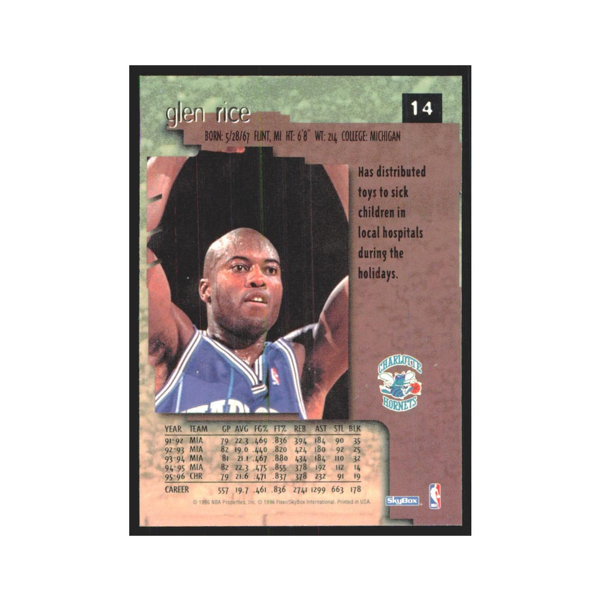 Glen Rice 1996 SkyBox Premium #14 Charlotte Hornets Basketball Card NM