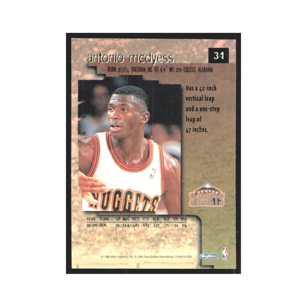 Antonio McDyess 1996 SkyBox Premium #31 Denver Nuggets Basketball Card NM