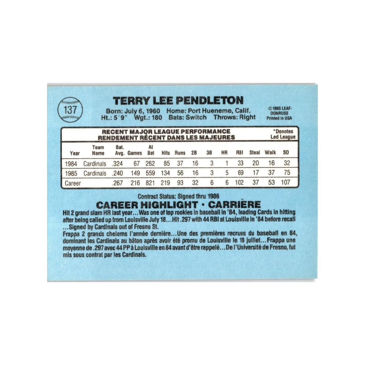 Terry Pendleton 1986 Leaf #137 St. Louis Cardinals Baseball Card NM