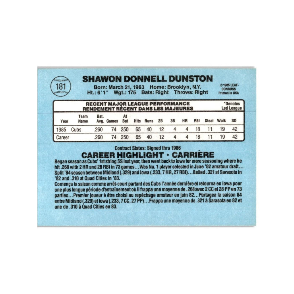 Shawon Dunston 1986 Leaf #181 Chicago Cubs Baseball Card NM