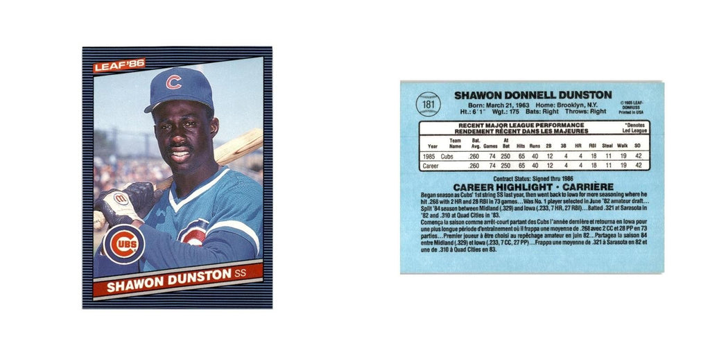 Shawon Dunston 1986 Leaf #181 Chicago Cubs Baseball Card NM