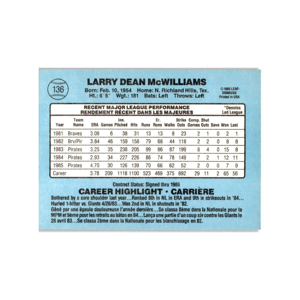 Larry McWilliams 1986 Leaf #136 Pittsburgh Pirates Baseball Card NM