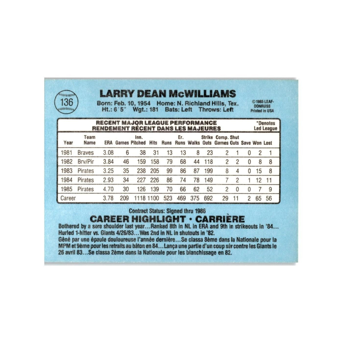 Larry McWilliams 1986 Leaf #136 Pittsburgh Pirates Baseball Card NM