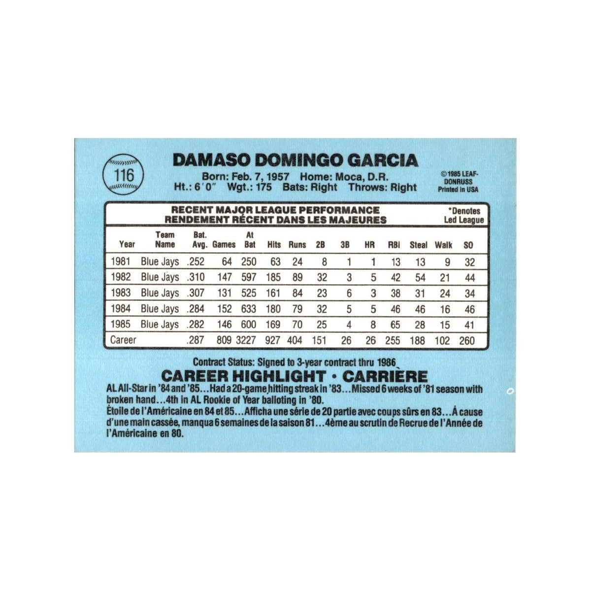 Damaso Garcia 1986 Leaf #116 Toronto Blue Jays Baseball Card NM
