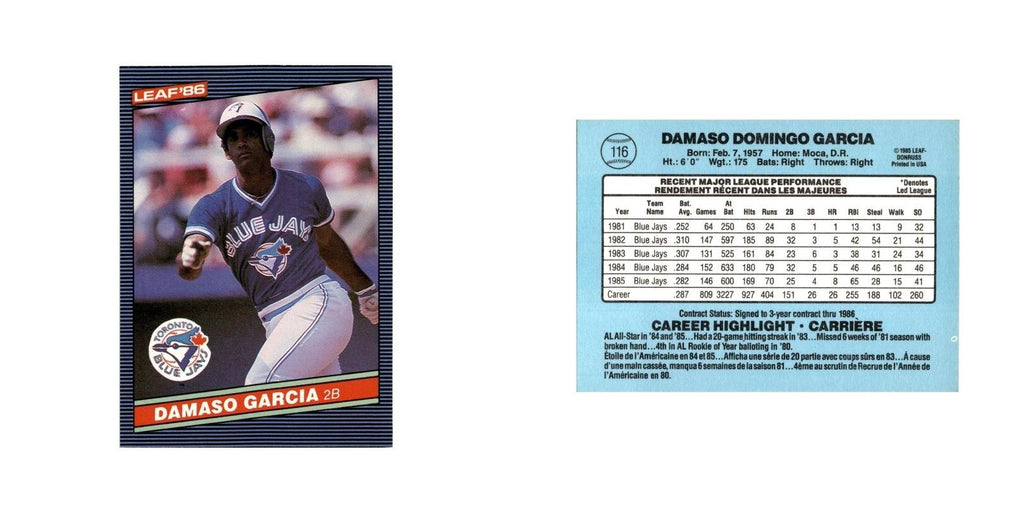 Damaso Garcia 1986 Leaf #116 Toronto Blue Jays Baseball Card NM