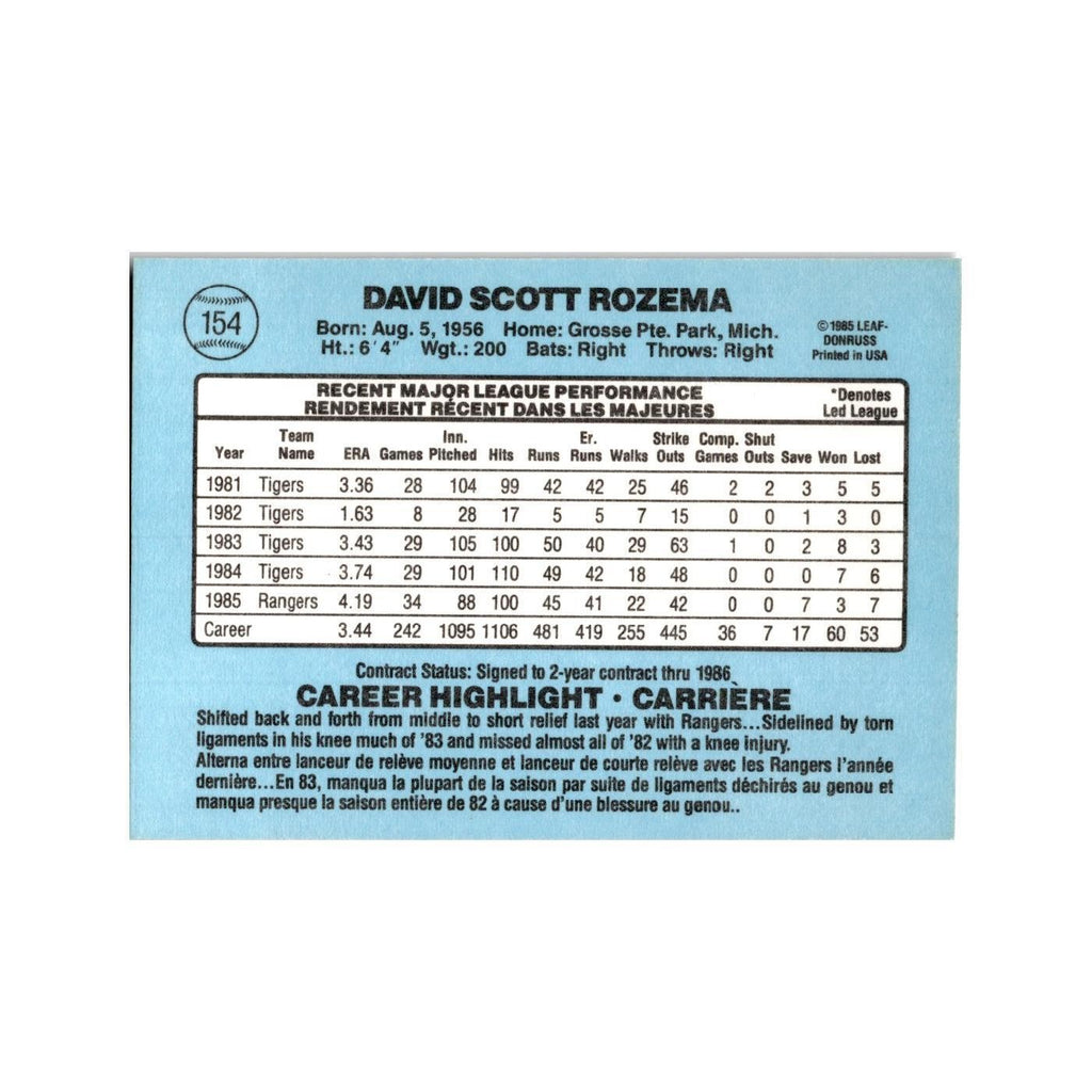 Dave Rozema 1986 Leaf #154 Texas Rangers Baseball Card NM