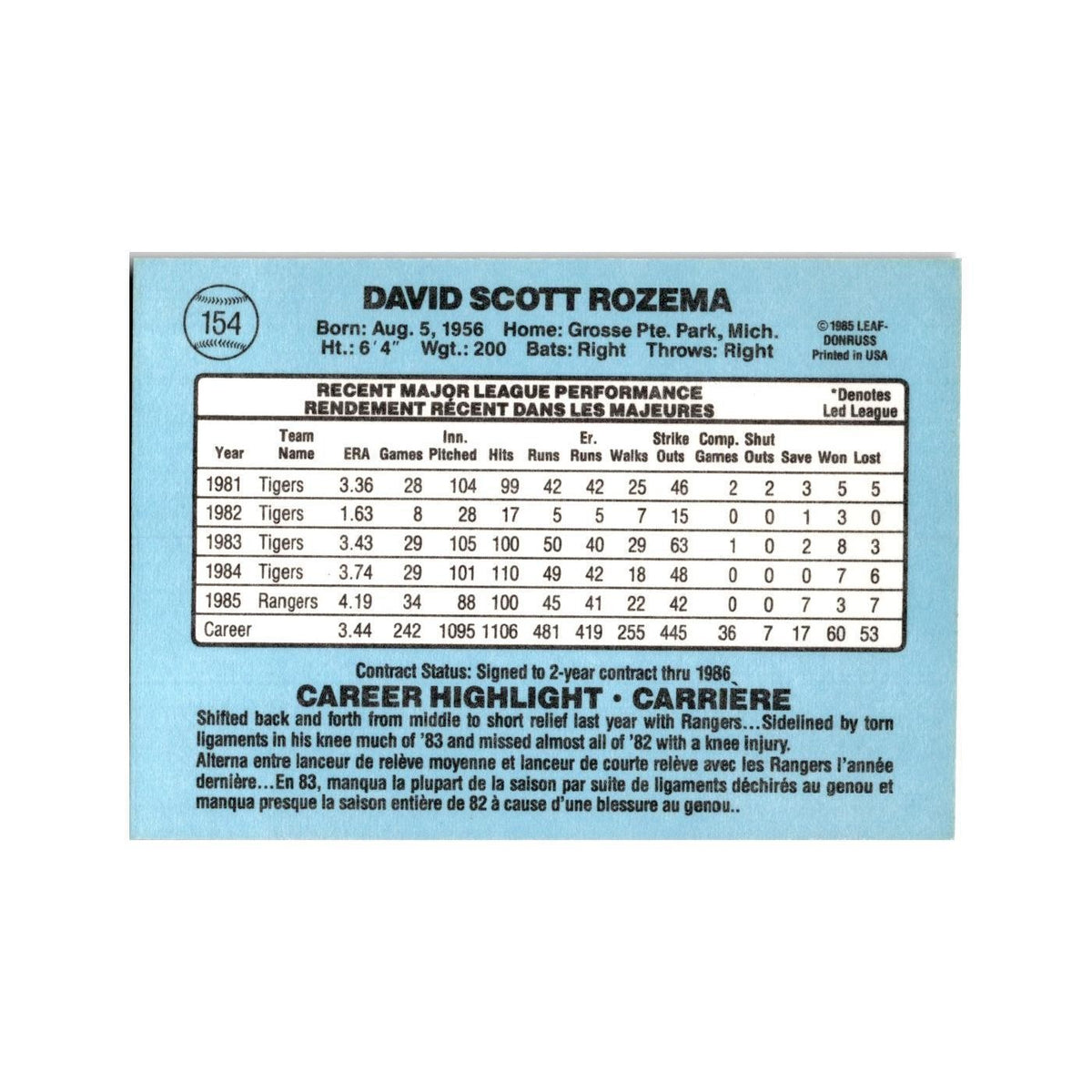 Dave Rozema 1986 Leaf #154 Texas Rangers Baseball Card NM