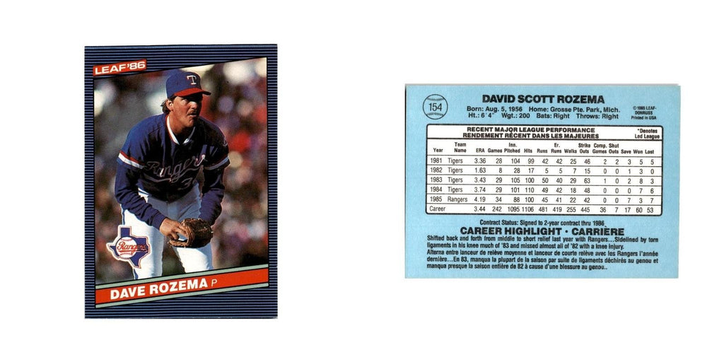 Dave Rozema 1986 Leaf #154 Texas Rangers Baseball Card NM