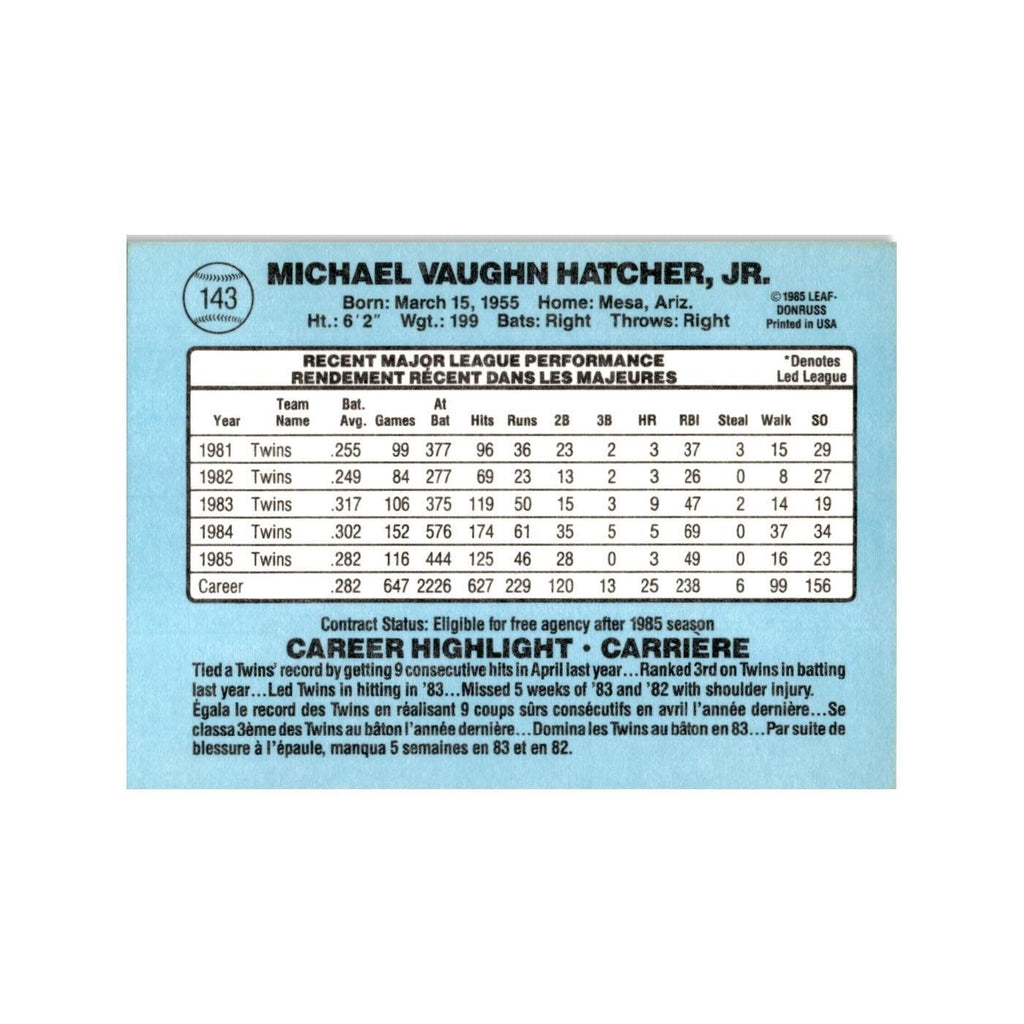 Mickey Hatcher 1986 Leaf #143 Minnesota Twins Baseball Card NM
