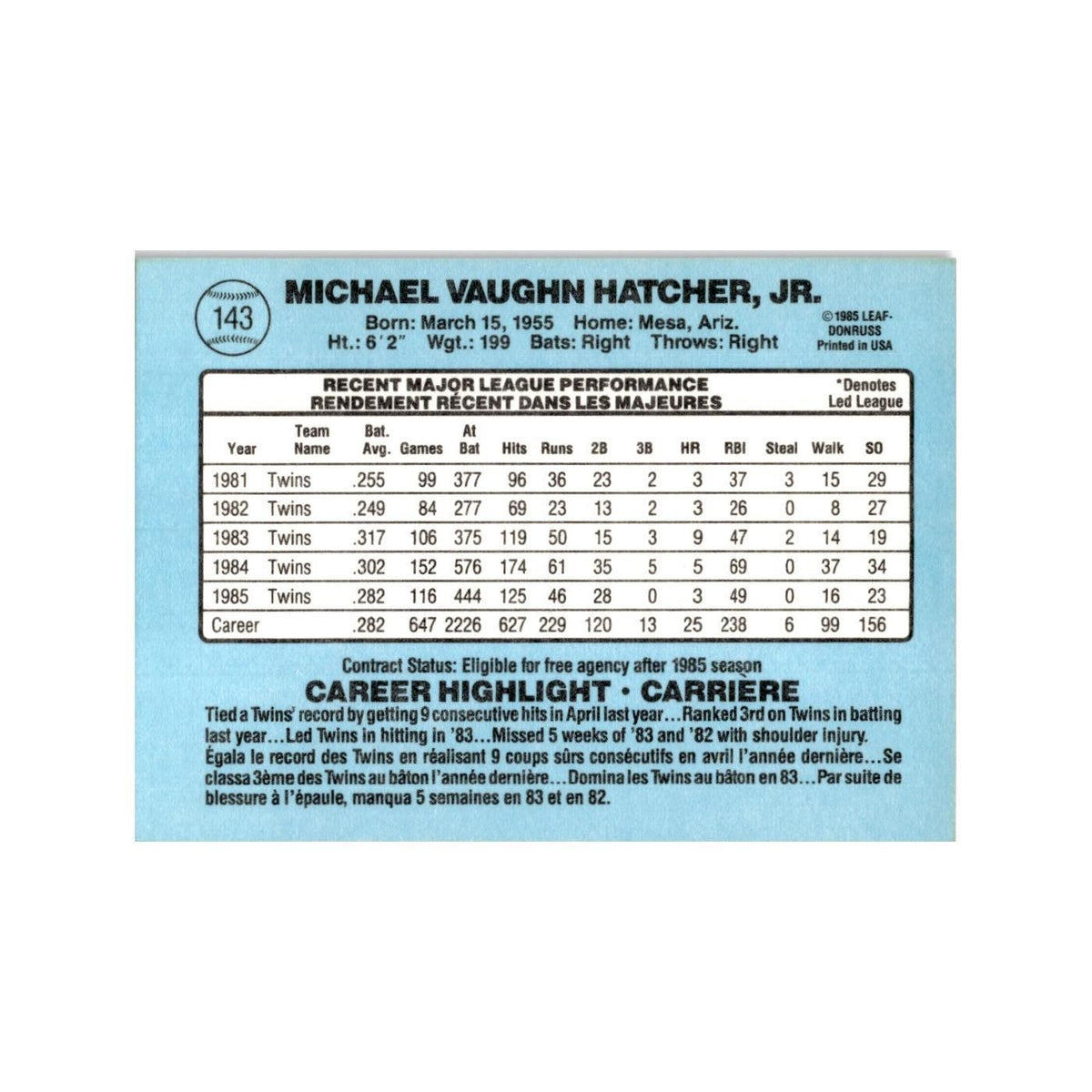 Mickey Hatcher 1986 Leaf #143 Minnesota Twins Baseball Card NM