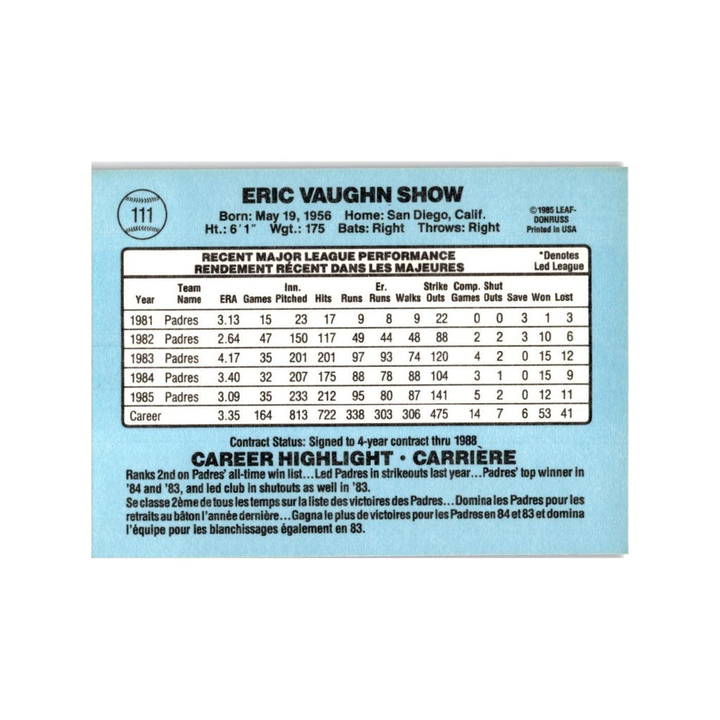 Eric Show 1986 Leaf #111 San Diego Padres Baseball Card NM